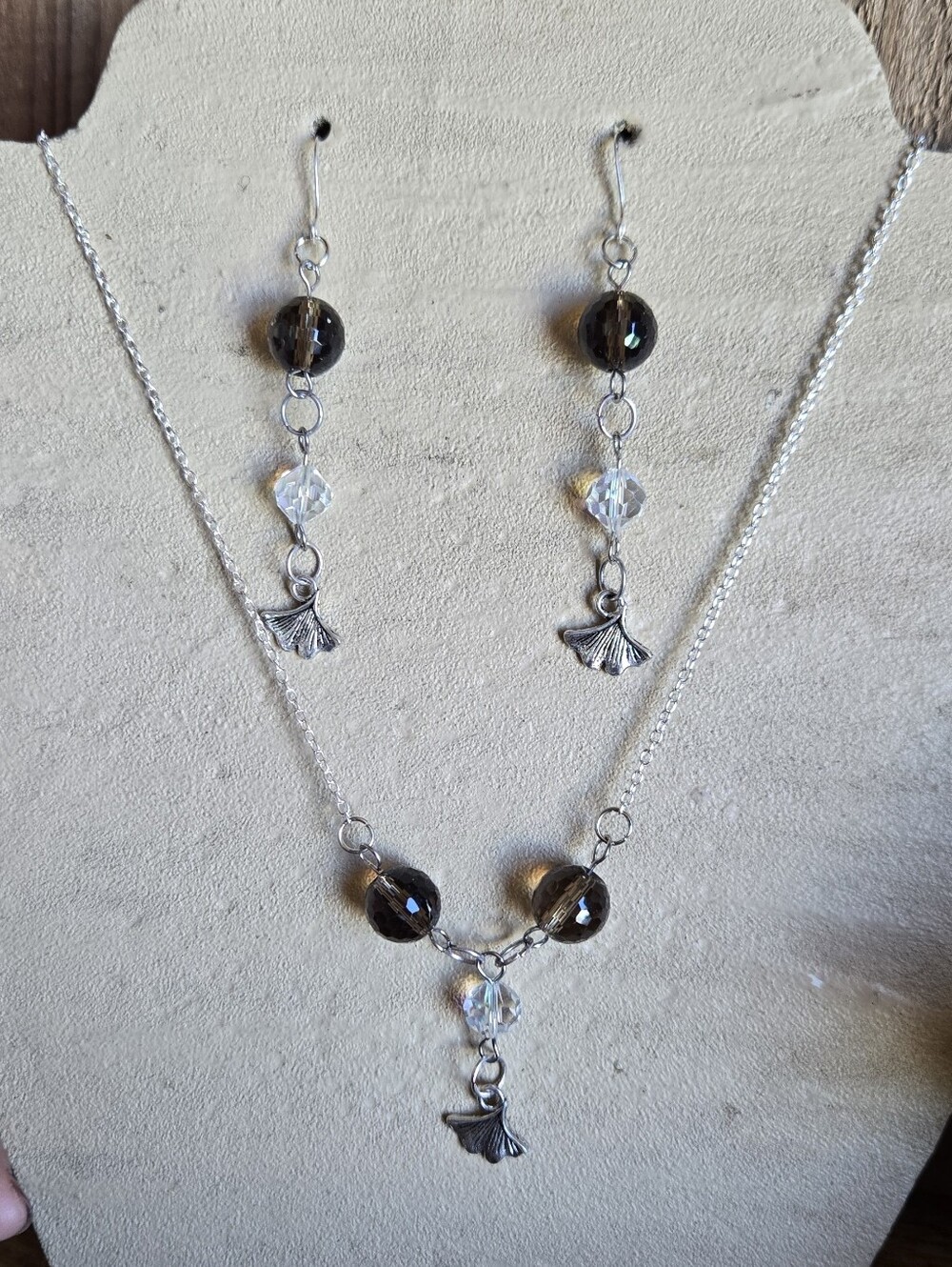 Smoky Crystal & Aurora Gingko Leaf Necklace & Earrings Set